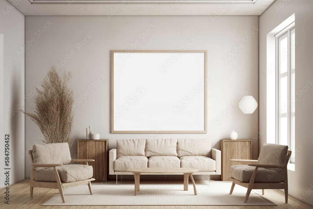 modern living room with bright beige sofa, dried indoor plant, big empty frame on the wall, contemporary design, generative ai modern living room with bright beige sofa, dried indoor plant, big empty frame on the wall, contemporary design, generative ai