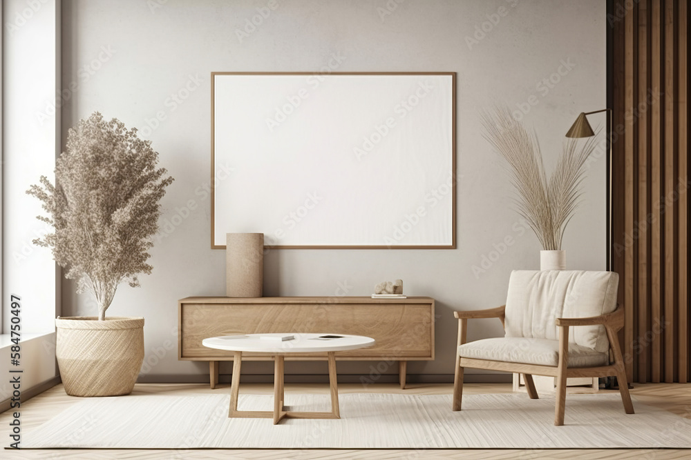 modern living room with bright beige sofa, dried indoor plant, big empty frame on the wall, contemporary design, generative ai modern living room with bright beige sofa, dried indoor plant, big empty frame on the wall, contemporary design, generative ai