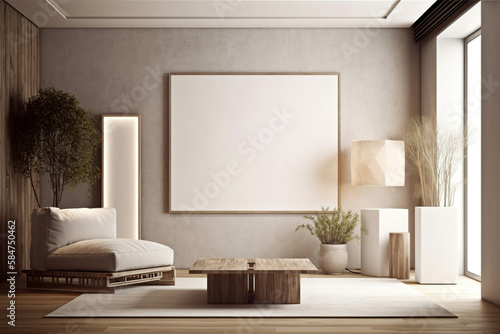 modern living room with bright beige sofa  dried indoor plant  big empty frame on the wall  contemporary design  generative ai