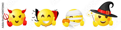 Halloween cute emoji characters with devil, witch, mummy and vampire