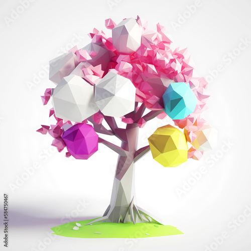  lowpoly3d tree in the spring on white background