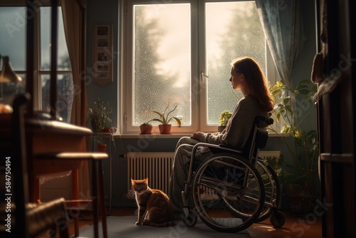 Disabled girl in a wheelchair with her cat sits near the window