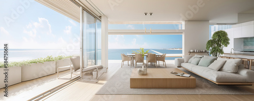 modern living room interior with comfortable furnitures,  contemporary beach house, view to the ocean, light and airy design, generative ai © Gbor