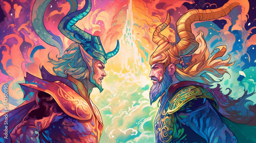 Battle of the gods  Thor versus Loki  epic showdown  Norse mythology inspired  generative AI