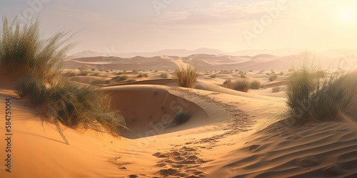 sunset in the desert, footprint trails on the sand dunes, generative ai