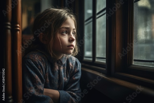 Cute little girl sits near the window