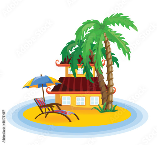 Summer illustration with beach house, palm trees and the sea. Summer time for a seaside holiday. Vector illustration for use in prints, posters, flyers and invitations