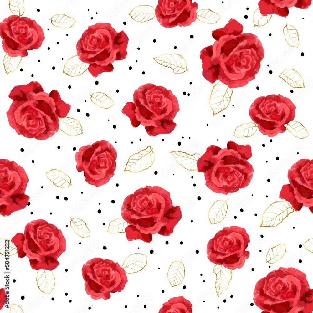 Floral pattern with red roses, golden leaves and black dots. Vector seamless pattern with oil or acrylic painting roses