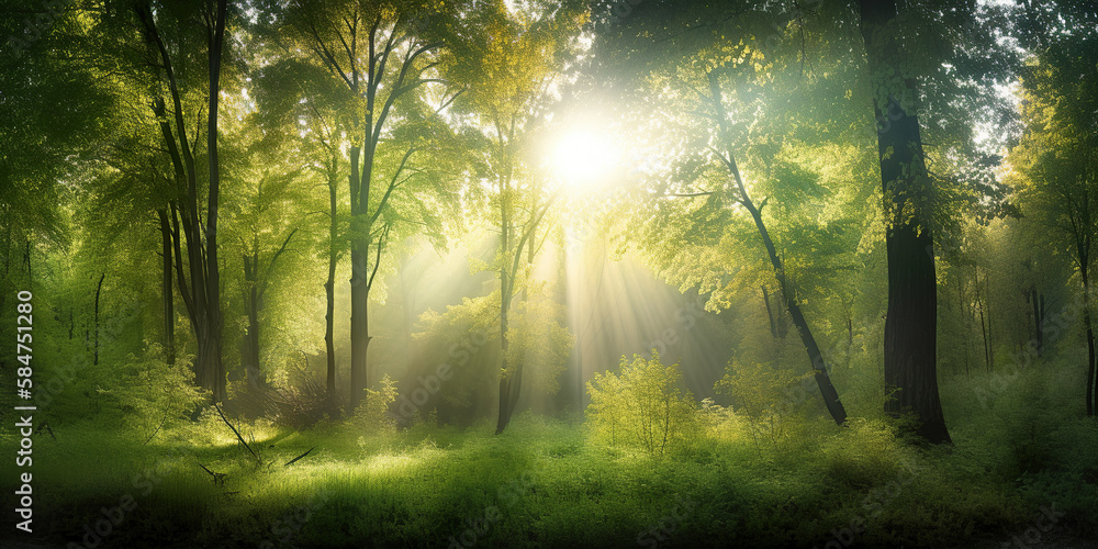 sun rays through the healthy morning forest, green environment protection concept, generative ai sun rays through the healthy morning forest, green environment protection concept, generative ai