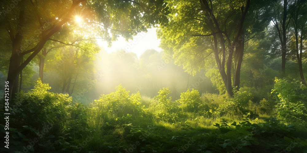 sun rays through the healthy morning forest, green environment protection concept, generative ai sun rays through the healthy morning forest, green environment protection concept, generative ai