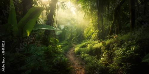 sun rays through the healthy morning tropical jungle forest, green environment protection concept, generative ai