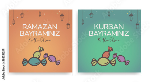 Holy Month of Muslim Community Ramadan Kareem, Feast of the Sacrifice greeting card, social media template, poster.(Turkish translation: Ramazan Bayramınız kutlu olsun. Kurban Bayramınız kutlu olsun.)