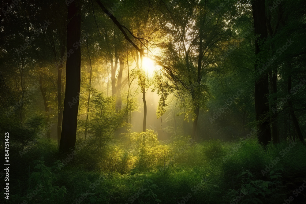 Obraz premium sun rays through the healthy morning forest, green environment protection concept, generative ai