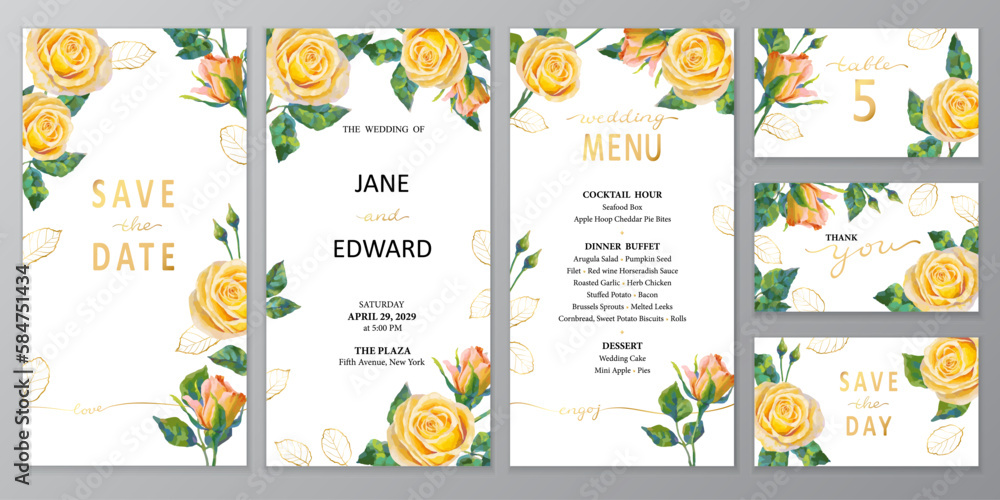 Vintage vector cards or wedding invitation with acrylic or oil yellow and golden elements on white background.