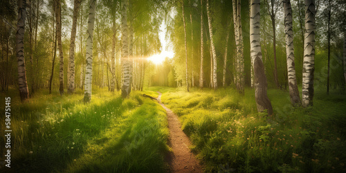 sun rays through the healthy morning birch forest, green environment protection concept, generative ai © Gbor