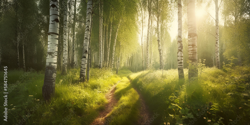 Obraz premium sun rays through the healthy morning birch forest, green environment protection concept, generative ai