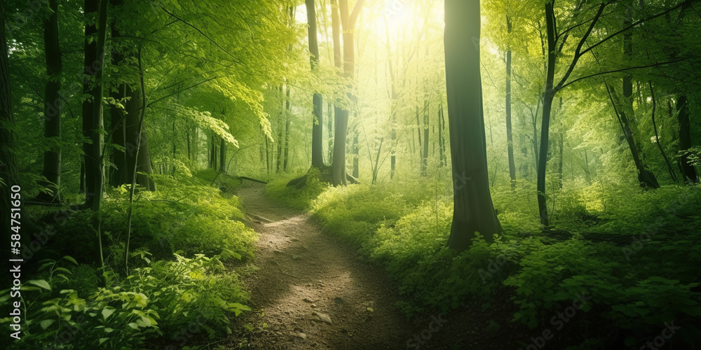 Obraz premium sun rays through the healthy morning forest, green environment protection concept, generative ai