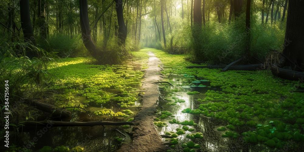 Obraz premium sun rays through the healthy morning mangrove forest, green environment protection concept, generative ai