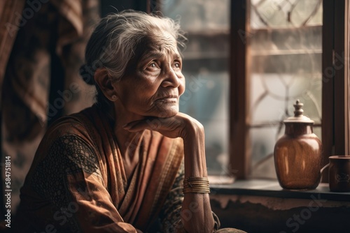 Old hindu woman sits near the window