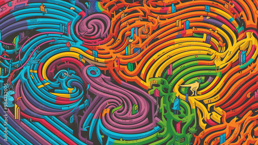 abstract colorful retro design maze background, generative ai