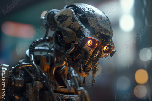 futuristic artificial intelligence robot soldier warrior with glowing eyes, generative ai