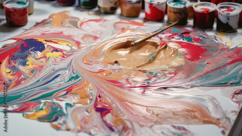 brushes and paint palette, acrylic paints mixing on surface, painter workshop, bright vivid colors, generative ai