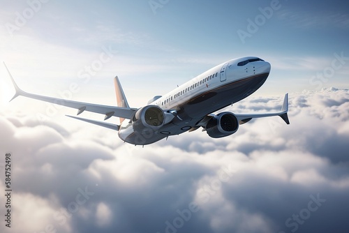 Sunrise View of Airplane Flying in Cloudy Sky. Business and Tourism Travel Transportation Background