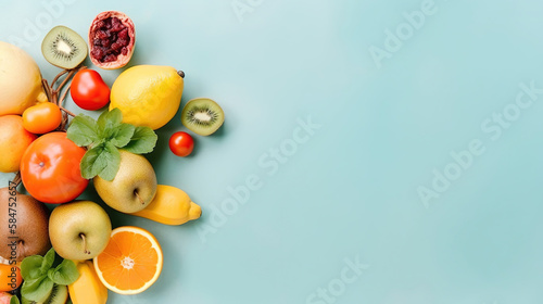 vegetables and fruits isolated on light blue background  flatlay mockup concept  generative ai