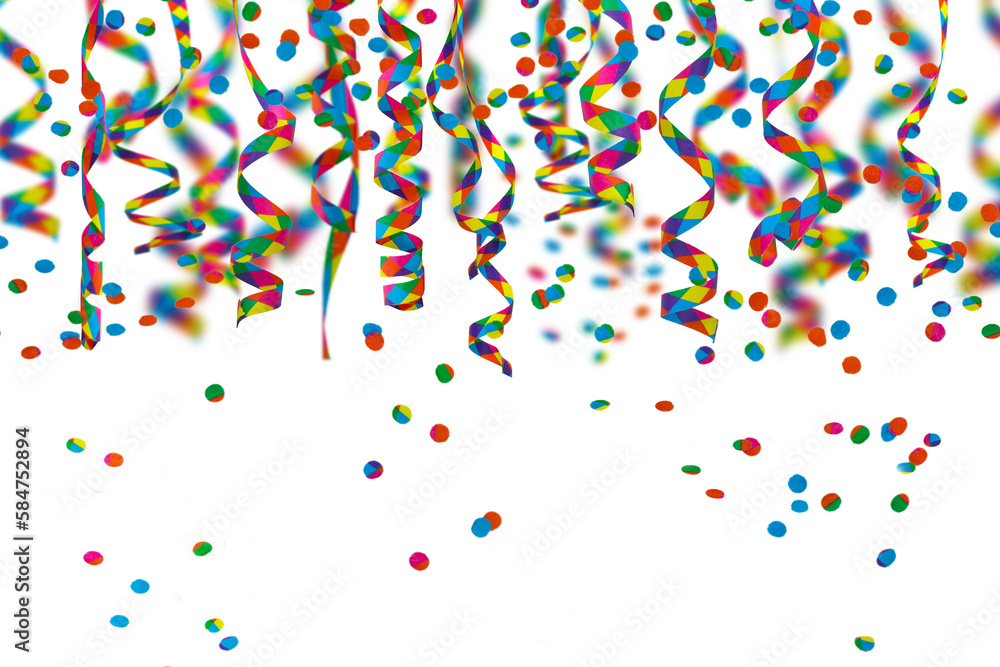 hanging party streamer and falling confetti isolated on transparent background, colorful party decoration overlay concept with defocused motion