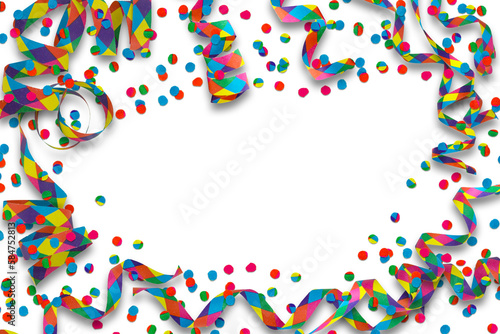 frame from colorful party streamer and confetti isolated on transparent background, party decoration from above, flat lay and overlay top view with copy space in the middle