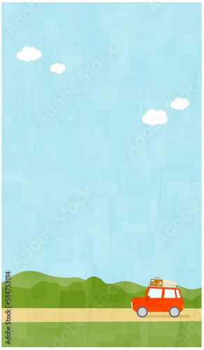 旅行に出かける荷物を積んだ車と風景の背景　春