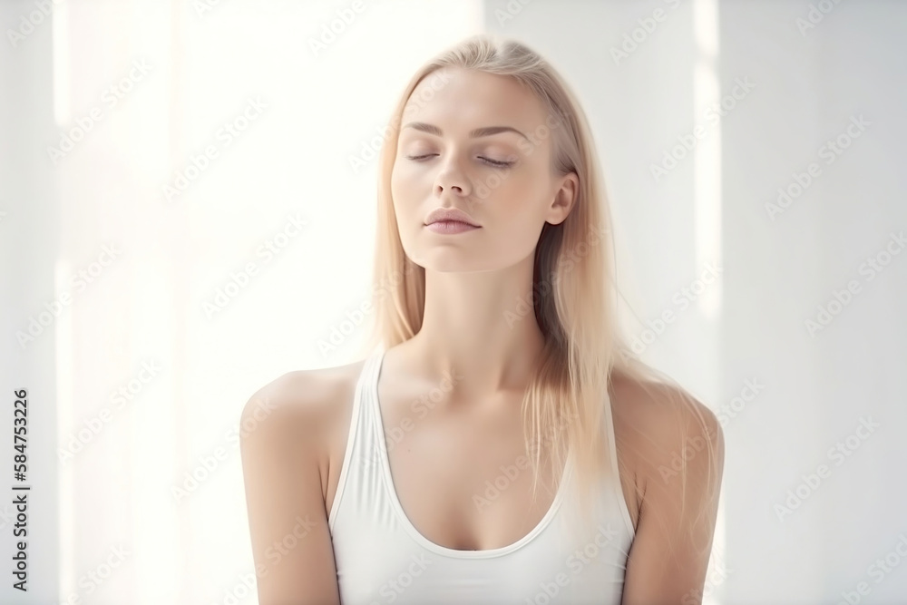 beautiful young woman doing meditating relaxing yoga in white dress in a bright white environment, generative ai beautiful young woman doing meditating relaxing yoga in white dress in a bright white environment, generative ai