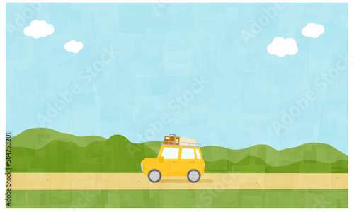 旅行に出かける荷物を積んだ車と風景の背景　春