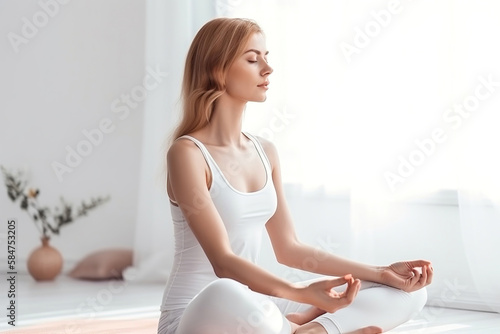 beautiful young woman doing meditating relaxing yoga in white dress in a bright white environment, generative ai
