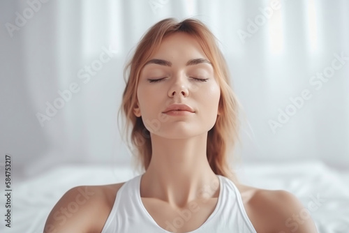 beautiful young woman doing meditating relaxing yoga  in white dress in a bright white environment, generative ai