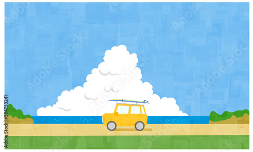 旅行に出かける荷物を積んだ車と風景の背景　夏