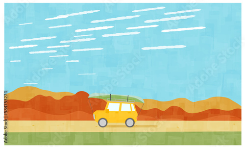 旅行に出かける荷物を積んだ車と風景の背景　秋