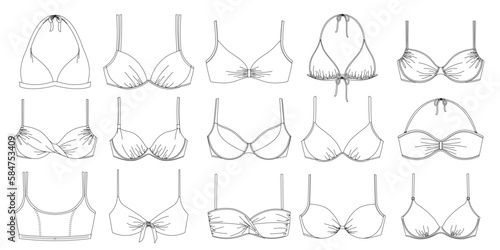 "Woman sustainable swimwear and underwear bra, technical drawing, template, sketch, flat, mock up. Cotton, Modal, Recycled PA, Recycled PES, Lycra fabric,  front view, white color"