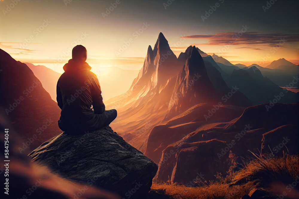 Man meditating  at sunset mountains.  relaxation emotional concept harmony nature with Generative AI Technology