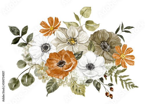 Watercolor autumn bouquet. A floral arrangement made in rustic style. Botanical painting with burnt orange, rust, brown and white flowers. PNG clipart.