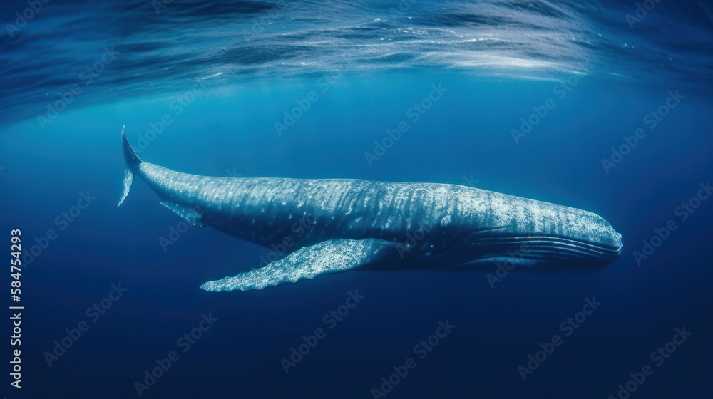 Big blue whale underwater in the sea deep in the ocean. Generative AI Big blue whale underwater in the sea deep in the ocean. Generative AI