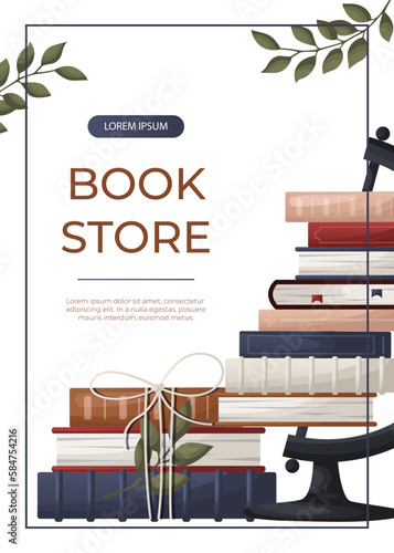 Promo flyer with reading globe, books pile, plant. Book heap. Bookstore, bookshop, library, book lover, bibliophile, education. A4 vector illustration for poster, banner, flyer, cover