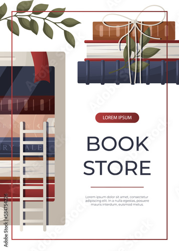 Promo flyer banner with electronic ebook reader, stack of books, bow, plant. World book day.  Book heap. Bookstore, bookshop, library, book lover, bibliophile, education. A4 vector for poster, banner