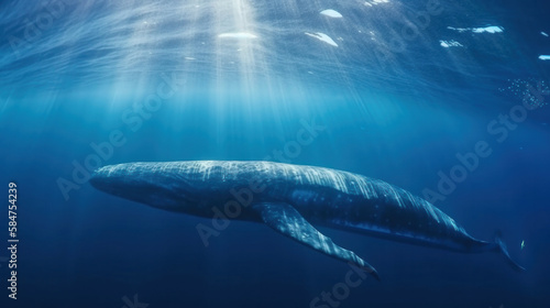Big blue whale underwater in the sea deep in the ocean. Generative AI