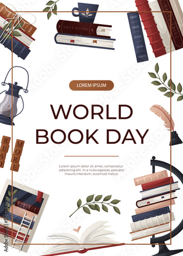 Promo sale flyer with stack of books, globe, inkwell quill, plant, lantern, ebook. World book day. Bookstore, bookshop, library, book lover, bibliophile, education. A4 vector for poster, banner