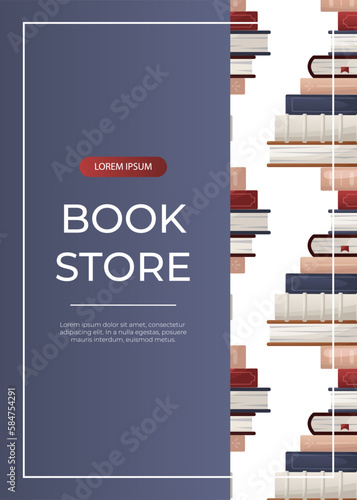 Promo flyer with with reading pattern of stack of books. World book day. Books pile. Bookstore, bookshop, library, book lover, bibliophile, education. A4 vector illustration for poster, banner, cover