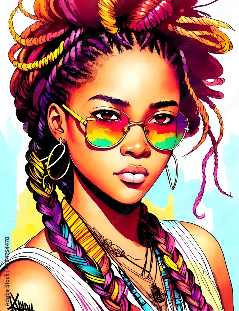 Obraz premium beauty african women. Painting fashion illustration. Hand drawn portrait of pretty girls on white background, for design for banner and printing on t-shirts, 3D Digital Painting. 