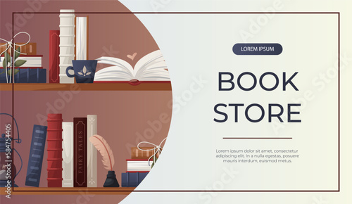 Promo banner with reading bookshelve with stack of books, globe, inkwell quill. World book day. Bookstore, bookshop, library, book lover, bibliophile, education. Vector for poster, cover, advertising