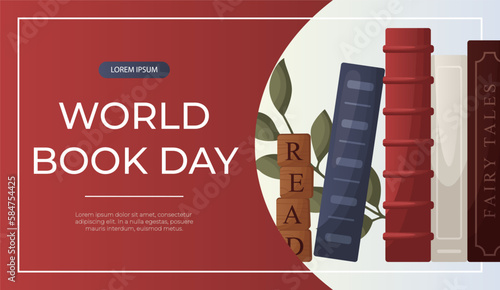 Promo banner with reading stack of books, wooden letter tiles. School books pile. World book day. Bookstore, bookshop, library, book lover, bibliophile, education. Vector for poster, cover,advertising