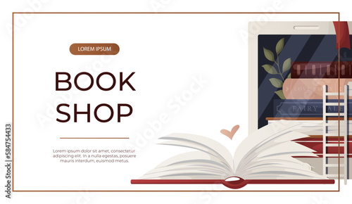 Promo banner with reading open huge book with heart, electronic ebook reader. Tablet digital literature. Bookstore, bookshop, library, book lover, bibliophile, education. Vector for poster, cover